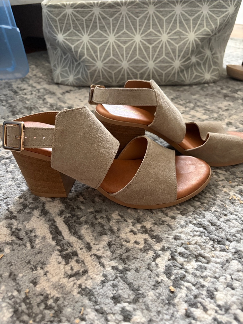Women's Taupe Suede Block Heel Sandals with Buckle Ankle Strap